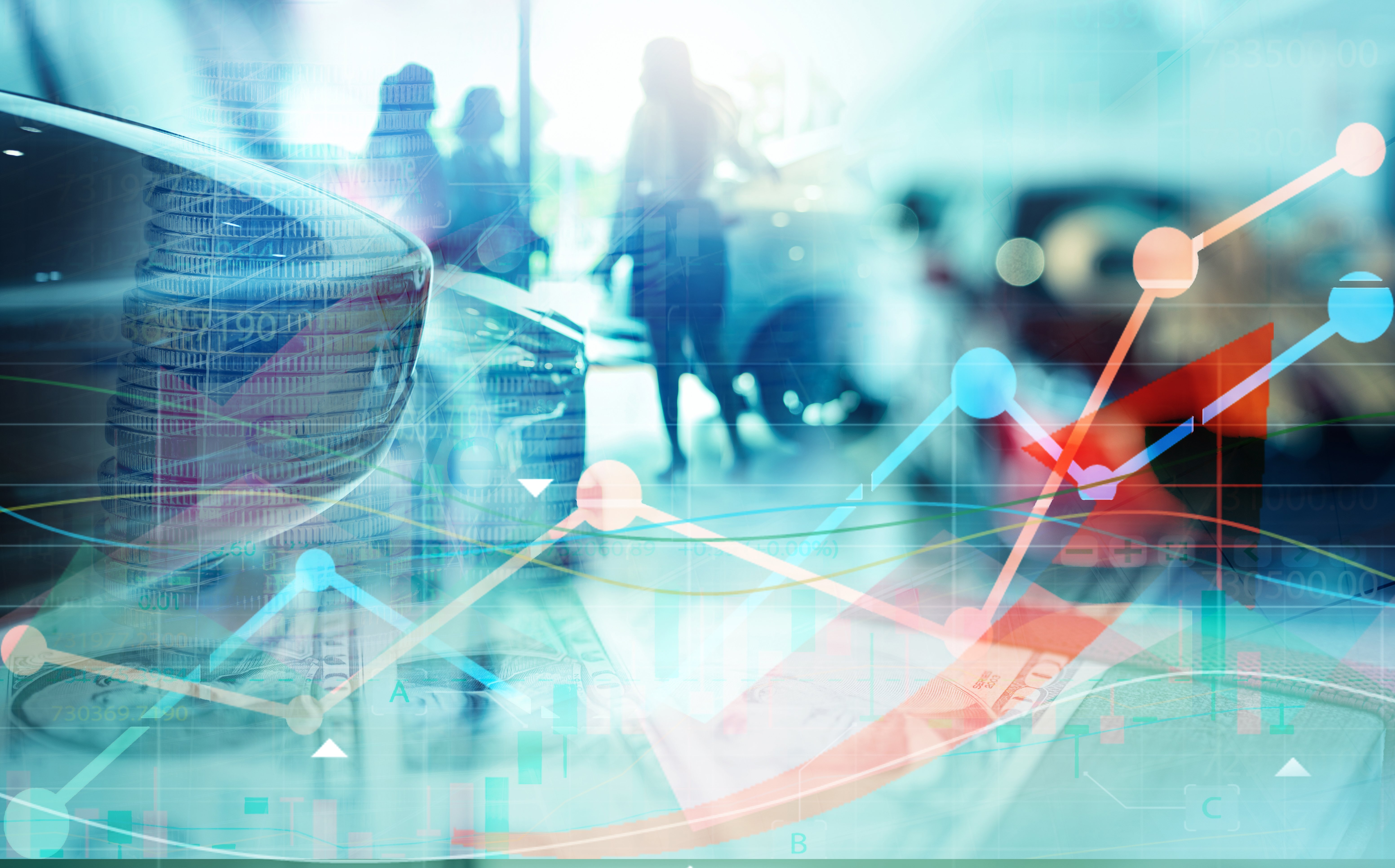 Stock market graph chart grow up trend on blur saleswoman and customer in modern luxury showroom