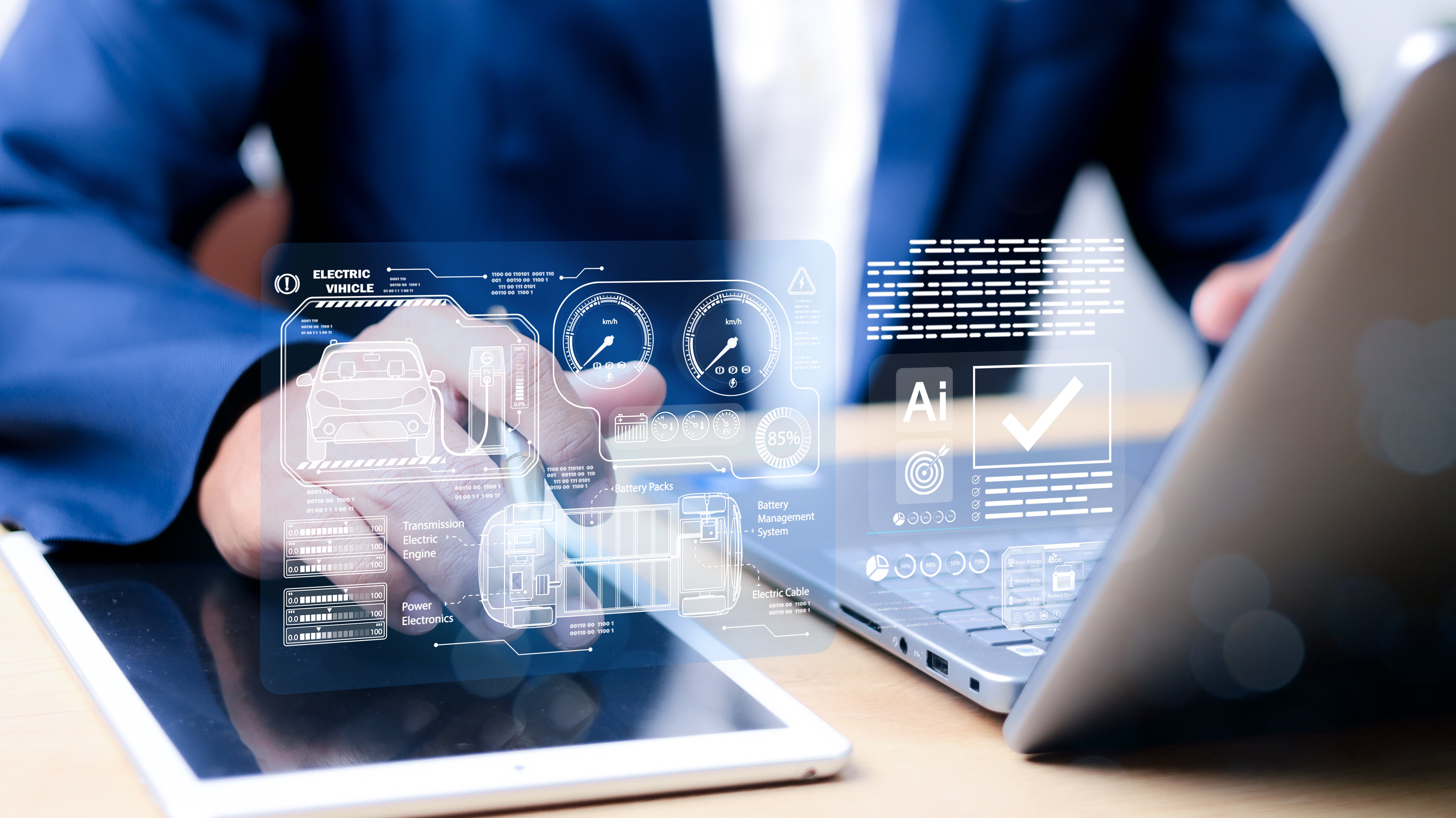 Artificial Intelligence concept, monitoring system software and icon industry, Car EV technology
