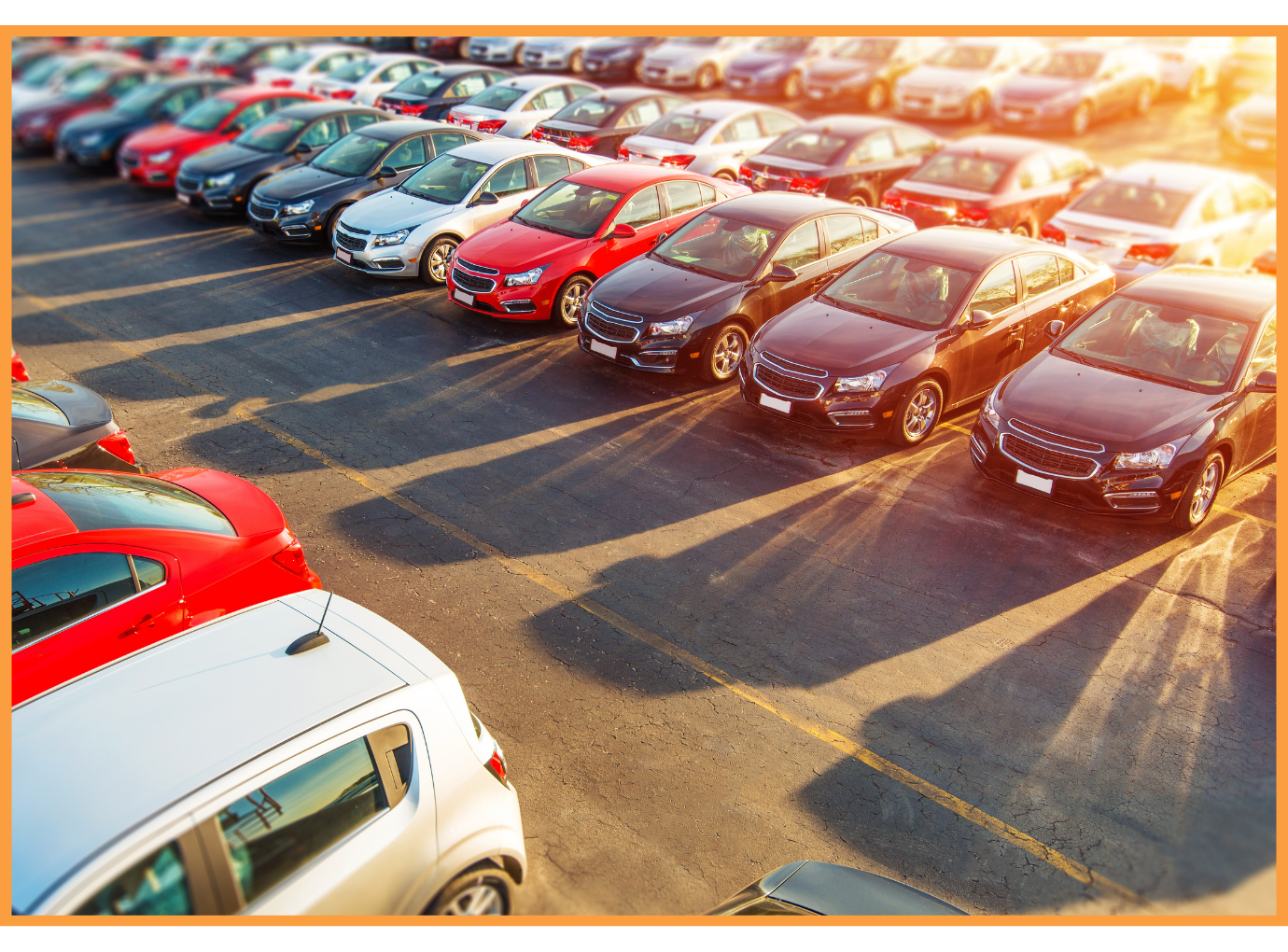 bunch of cars on a dealers lot with sun rays