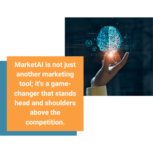 hand holding a hologram brain in hand and caption with automotive marketing platform MarketAI on the side