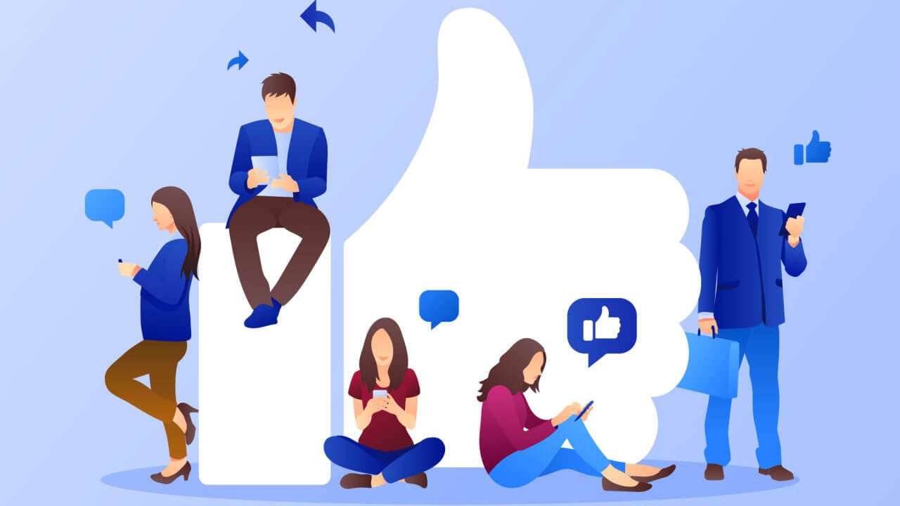 Five people around a thumbs up on social media